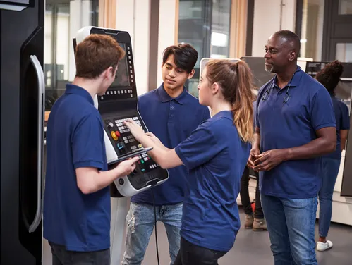 An employer teaches apprentices how to operate a manufacturing machine. 
