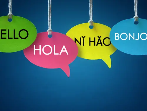 Comic balloons saying hello in multiple languages