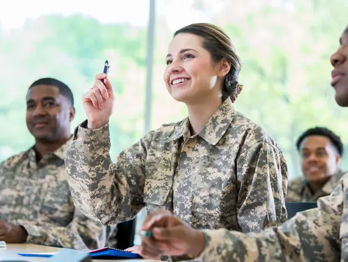 Woman in Service Uniform Raising Her Hand