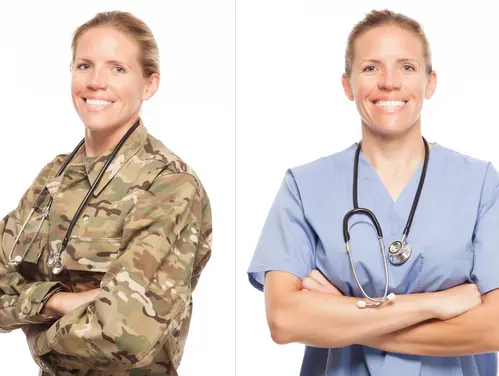Twin photos of female medical worker in military, civilian clothing.