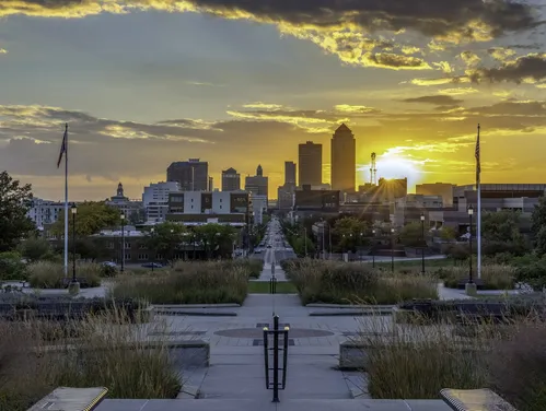 View of the downtown Des Moines skyline from the Steps of the Iowa State Capitol building.