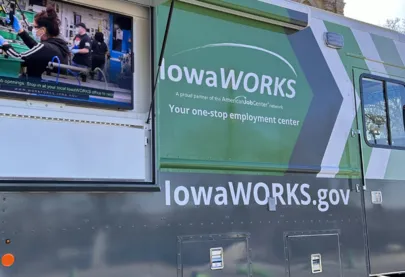 Mobile Workforce Center with a TV playing a workforce video.