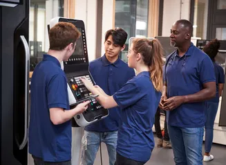 An employer teaches apprentices how to operate a manufacturing machine. 