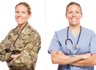 Twin photos of female medical worker in military, civilian clothing.