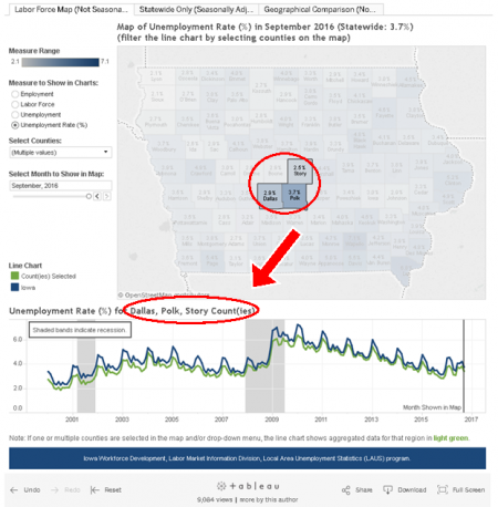 Image illustrating the interaction between the map selection and line graph on the LAUS visualization.