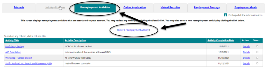 Photo of the Reemployment Activities Log in IowaWORKS