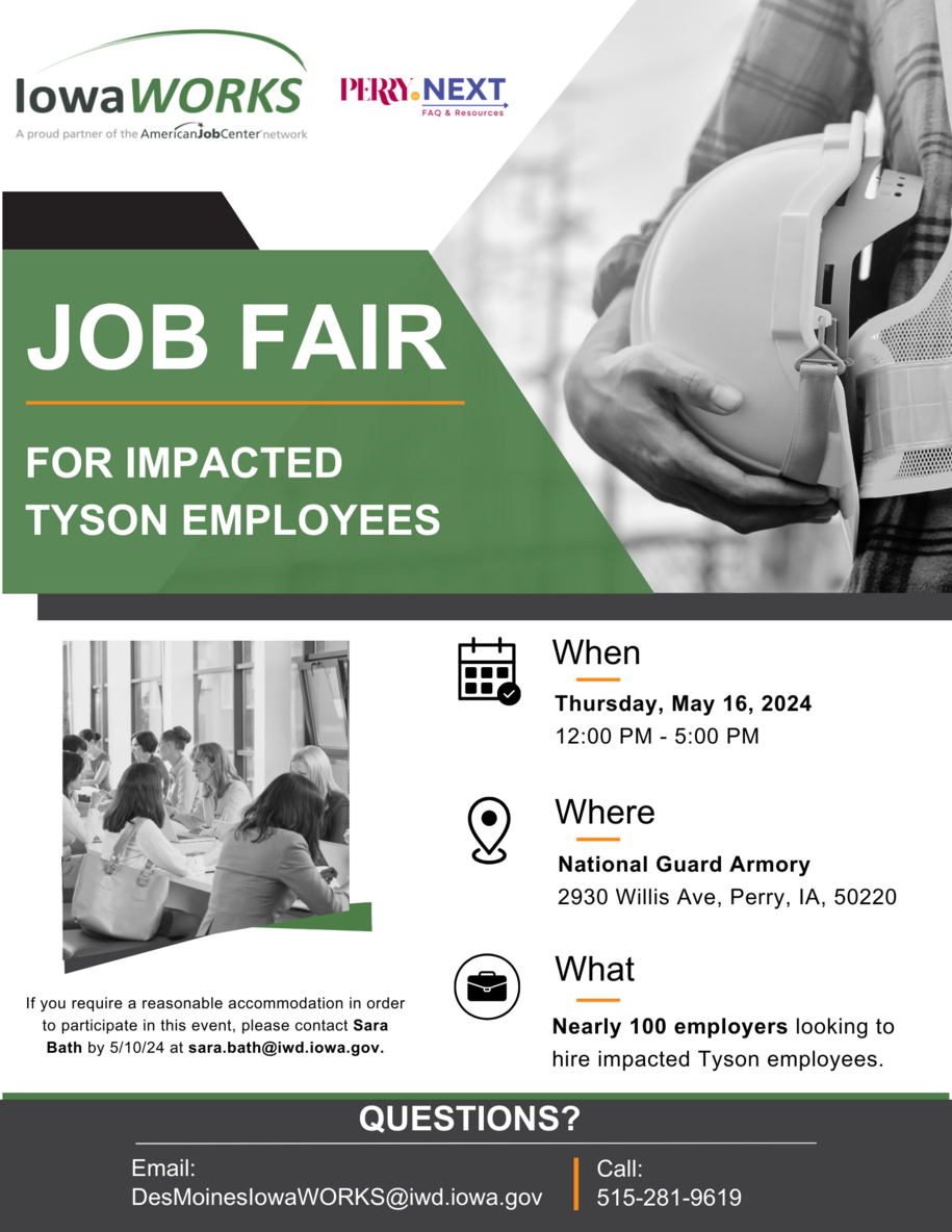 The following image details a flyer with information about the job fair event happening for Tyson employees in Perry on May 16.