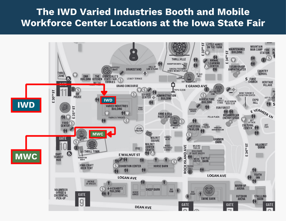 A map showing the locations of Iowa Workforce Development's Booth in the Varied Industries Building, and the Mobile Workforce Center