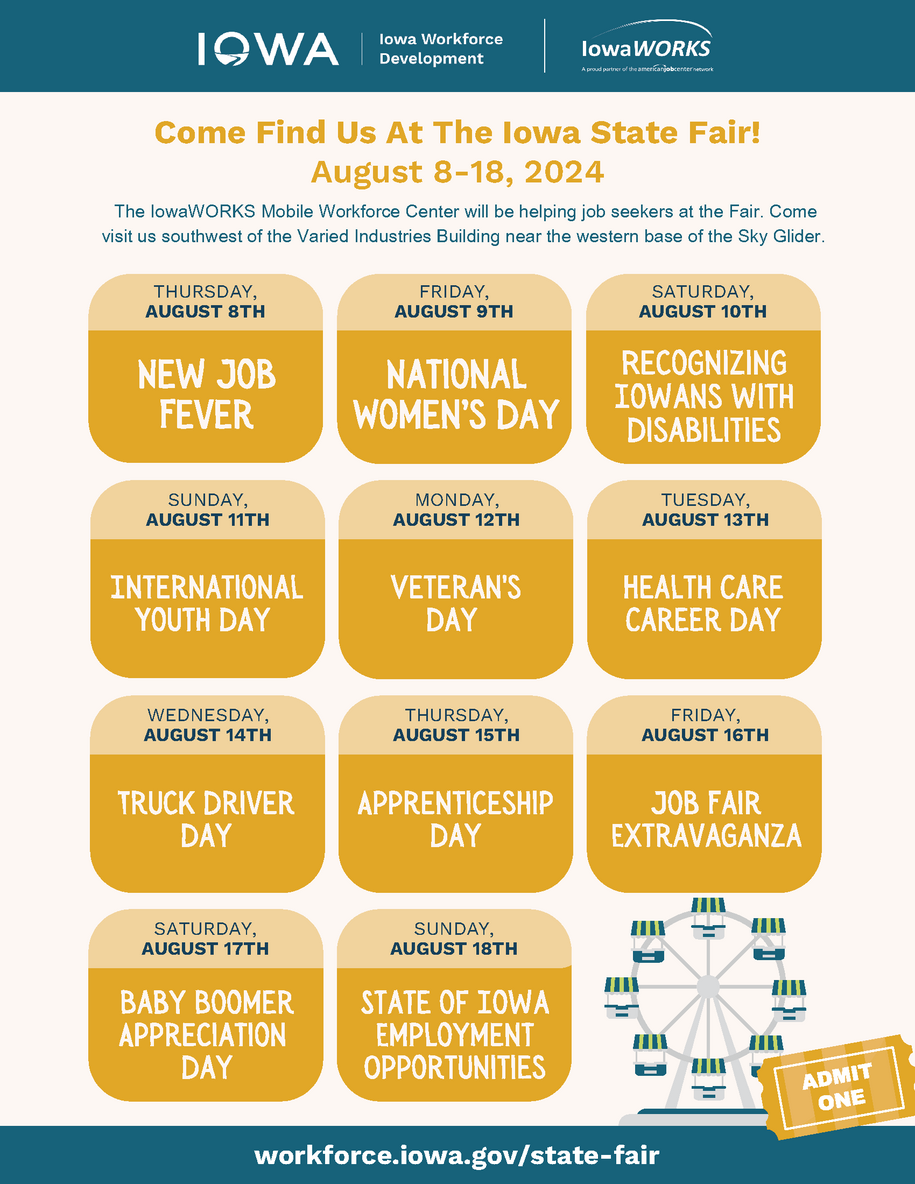 Schedule of the  Mobile Workforce Center at the State Fair