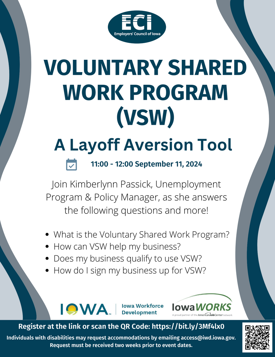 Information about a September 11 Webinar Hosted by Employers' Council of Iowa on Voluntary Shared Work