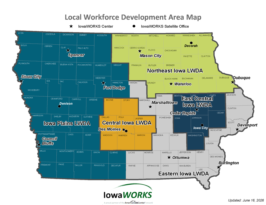Map of Iowa's Local Workforce Development Areas - July 2026